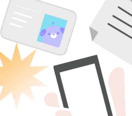 顔写真の載ったカードと書類をスマートフォンで撮影しているイラスト